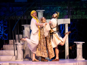 Mitchell Blohm (Francis Flute), Sanaa Harper (Tom Snout), and Saum Seyed (Nick Bottom) in Skylight Music Theatre’s production of A ROCKIN’ Midsummer Night’s Dream running April 10 through 26, 2026