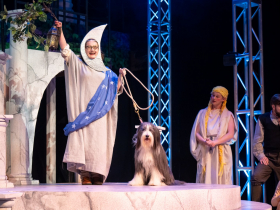 Larissa Beckman (Robin Starveling), KC (Dog), Mitchell Blohm (Francis Flute), Zach Thomas Woods (Peter Quince) and Silvia Stoeger (Snug) in Skylight Music Theatre’s production of A ROCKIN’ Midsummer Night’s Dream running April 10 through 26, 2026
