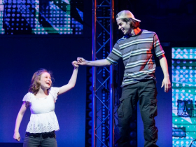 (l. to r.) Serena Parrish (Young Katie/Lightning Girl) and Chris Oram (Matty) in Skylight Music Theatre’s world premiere developmental production of SuperYou, running now through June 18