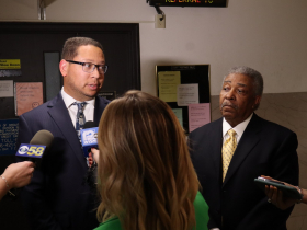 Attorney William F. Sulton and Tearman Spencer following Spencer's initial appearance in court on charges of misconduct in public office. Photo taken Nov. 5, 2024 by Graham Kilmer.