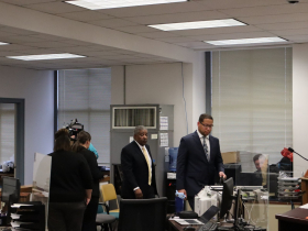 Attorney William F. Sulton and Tearman Spencer following Spencer's initial appearance in court on charges of misconduct in public office. Photo taken Nov. 5, 2024 by Graham Kilmer.