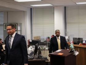 Attorney William F. Sulton and Tearman Spencer following Spencer's initial appearance in court on charges of misconduct in public office. Photo taken Nov. 5, 2024 by Graham Kilmer.