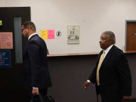 Attorney William F. Sulton and Tearman Spencer following Spencer's initial appearance in court on charges of misconduct in public office. Photo taken Nov. 5, 2024 by Graham Kilmer.