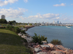 Site of former South Shore Park Beach viewed from north jetty on new beach