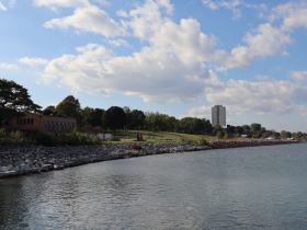 Site of former South Shore Park Beach viewed from north jetty on new beach
