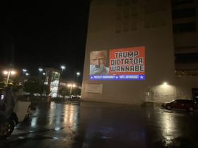 Anti-Trump media projected on Phoenix Building