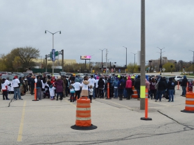 Volunteers gather at the Miller Park location for the Milwaukee Riverkeeper's Spring Cleanup event