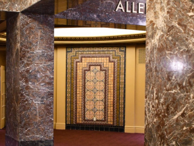 Lobby features wall of tulips tiles created by the Continental Faience & Tile Co.