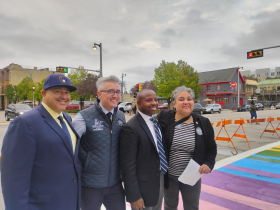 Rainbow crosswalk ribbon cutting