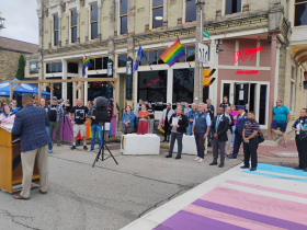 Rainbow crosswalk ribbon cutting