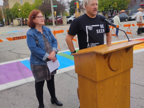 Rainbow crosswalk ribbon cutting