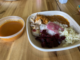 Tomato-coconut soup and chicken tikka bowl