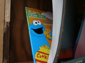 Sesame Street book inside a Little Free Library.