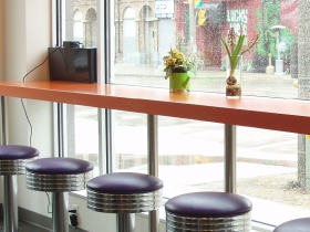 Rotating stools offer a perch from which to view the surrounding Walker’s Point neighborhood.