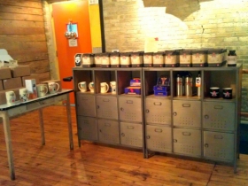 Tea, coffee, and mugs for sale at Anodyne Coffee Roasting Co.