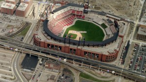 Ballpark Village will be built at the top of this image.  Despite the presence of the interstate immediately next to the stadium, Busch Stadium seems less car-orientated than Miller Park.
