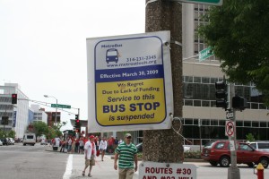 A sign announcing the cancellation of service to a downtown St. Louis bus stop.  A frequent sight unfortunately.