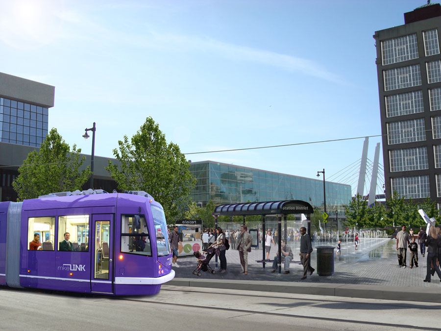 The streetcar near the Milwaukee Intermodal Station.