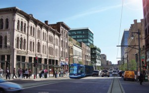 A rendering of the streetcar coming up Broadway out of the Historic Third Ward.