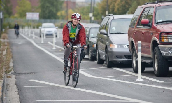 The protected bike lane on Elston Avenue in Chicago puts a smile on most people's faces.