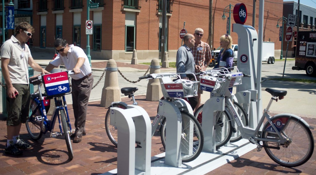 The kiosks are solar powered and wireless, so they can be set up quickly at any location. This one was part of the B-cycle demonstration project in Milwaukee organized by Midwest Bikeshare last summer.