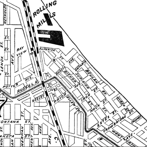 The Bay View intersection of Bishop and Potter Avenues (indicated by an X), ca. 1906. (map in author's collection)