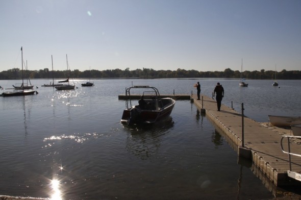 Lake Nokomis in Minneapolis, shown here in October 2012, is popular with swimmers, fishermen and boaters, but — like most Minnesota lakes — it contains a cocktail of troubling chemicals at trace amounts. Kate Golden/Wisconsin Center for Investigative Journalism 