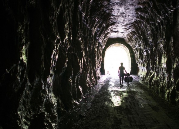 The Holy Grail of bike trails. Inside the tunnels it is cool, damp, wet, and very dark.