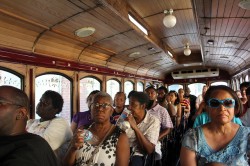 The trolley bus was full during the afternoon tour of Bronzeville. (Photo by Mark Doremus)
