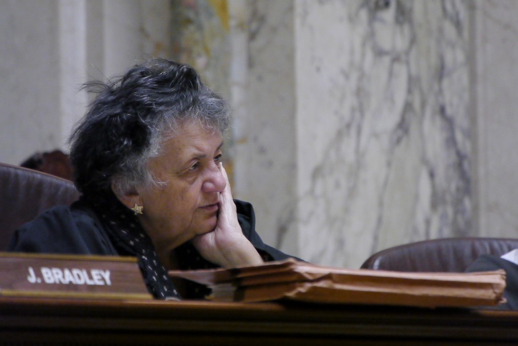 Chief Justice Shirley Abrahamson, shown here at a March 13, 2013, oral argument, took in the vast majority of donations from attorneys whose cases came before the Wisconsin Supreme Court over the past 11 years. Jake Harper/Wisconsin Center for Investigative Journalism