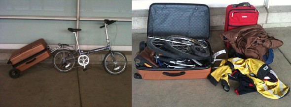 I modified a regular suitcase to function as a trailer using Burley jogger wheels and some parts from the hardware store. I put my clothes in the suitcase trailer on the way to and from the airport or train station. To get the bike on the train or airplane, I take off the wheels, fold it up and pack it in the case.