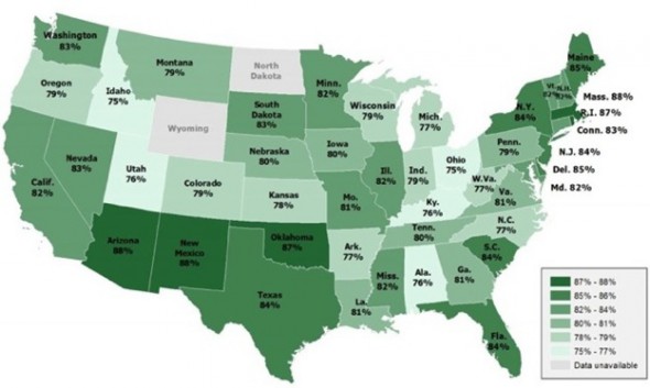 This map shows the percentage of Americans who think global warming has been happening. Photo: Stanford Geospatial Center.