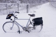 The snow is so deep on the unplowed sections of the Hank Aaron State Trail that my heavy commuter bike can stand up without the kickstand down.