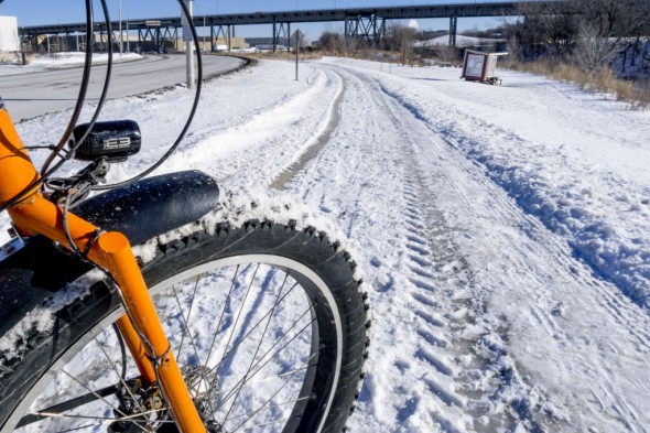 Not bare pavement, but thanks to the City of Milwaukee, you can ride the Hank Aaron State Trail again on a mountain bike or fatbike. It is a big improvement over last year.