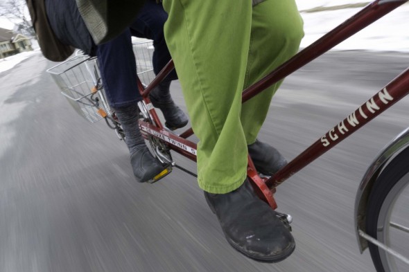 Same day, same pants, different bike, different destination – my wife and I on our way to McBob’s for corned beef, and definitely different weather than the year before. 