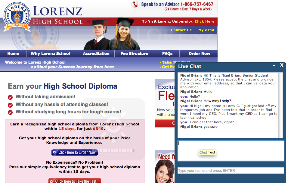 Lorenz High School is one of several unaccredited online operations that claim to offer applicants access to a GED certificate for a fee. (Online image capture 4/15/14 by Scottie Lee Meyers)
