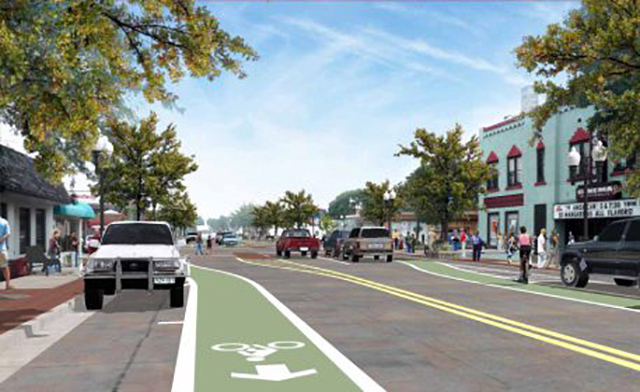 The committee approved plan includes a skip dash green pattern rather than a continuous green lanes as shown in this earlier rendering of the North Avenue project.