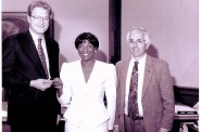 Minnie Beard, with former Mayor John Norquist and Alderman Don Richards, celebrated the purchase of her home in 1994. (Photo courtesy of the Housing Authority)