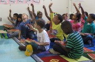 Woodlands’ students learn tone and rhythm while playing xylophones in music class, one of the specialty classes incorporated into the curriculum. (Photo by Molly Rippinger)