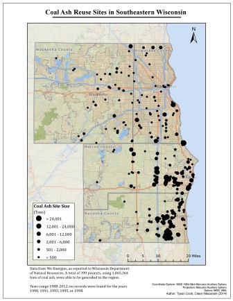 Another map in the Clean Wisconsin report shows “beneficial reuse” coal ash sites.