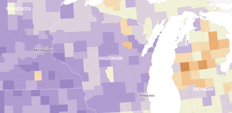 Percent of employed working-age women by county. Map from New York Times. (Click to see a US wide interactive map)