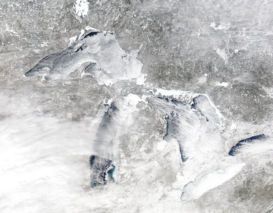 Great Lakes regional ice cover at 84.5% Feb. 25. Image: NOAA CoastWatch