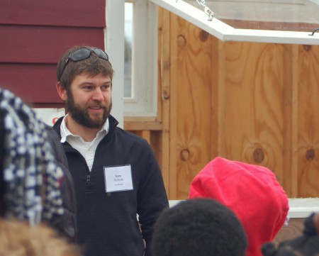Sean Kiebzak, site coordinator for Arts @ Large, answers questions from students at Milwaukee Environmental Sciences charter school. (Photo by Molly Rippinger)