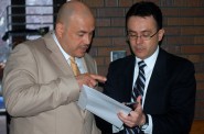 Jose de Jesus Cabrera (right), advisor for the Institute of Mexicans Abroad, chats with Alderman Jose Perez about the new Mexican consulate slated for Milwaukee. (Photo by Edgar Mendez)