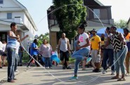 Ebony Haynes, founder and CEO of Double Dutch to Dreams, jumps rope with community members. Photo courtesy of Ebony Haynes.