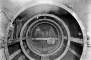 Lunch break for workers building metropolitan interceptor sewers (Brady St.), 1924. Photo courtesy of MMSD.