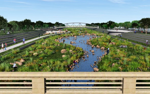 A rendering of the KK River, from S. 6th St. to S. 27th St., will look like once the cement liner is removed. Rendering courtesy of MMSD.