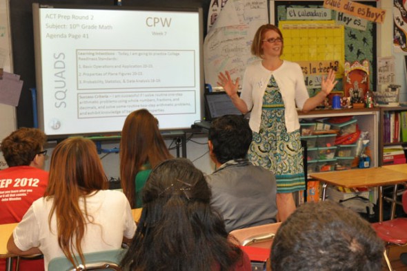 Moore in her classroom after receiving the Milken Educator Award in 2013. Photo from MPS.