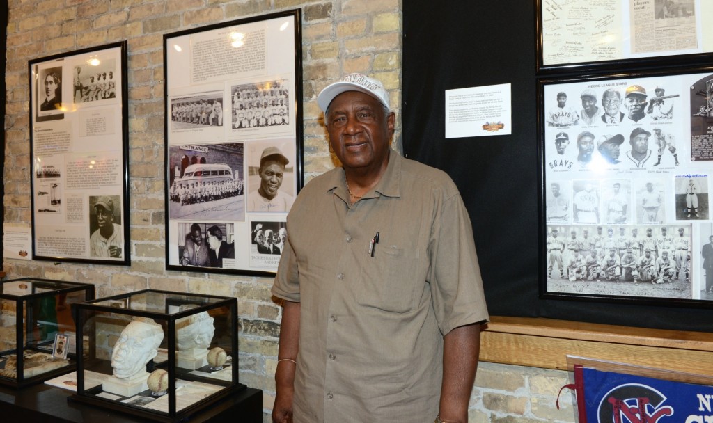 Dennis Biddle, founder of Yesterday’s Negro League Baseball Players LLC, will occasionally guide tours of the “Civil Rights and Baseball,” exhibit at Arts @ Large Gallery, 905 S. 5th St. Photo by Sue Vliet.