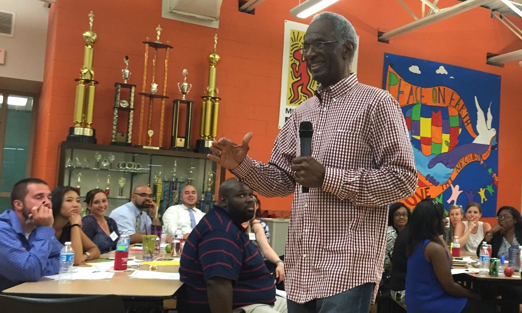 Howard Fuller tells school leaders that there is no more important work than theirs in a keynote address during a daylong training at Milwaukee College Prep Lola Rowe North Campus. Photo by Andrea Waxman.